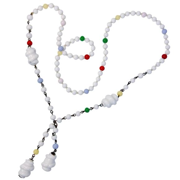Vintage Jewelry - Vintage Milk Glass Lariat Necklace Long Knotted Beaded Y Drop Fun Folk Art Style